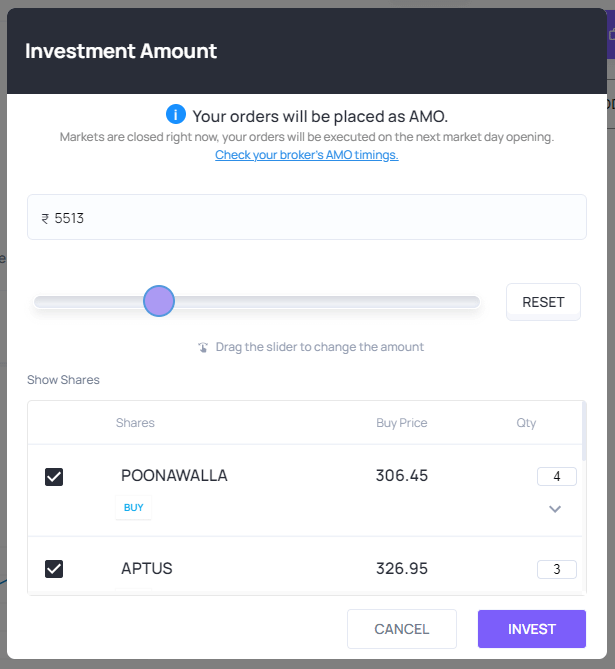 Choose Investment amount on Trinkerr
